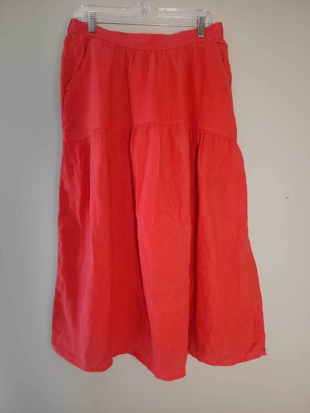 Joie Red Tiered Linen Maxi Skirt Size Large Pockets Elastic Waist Boho Comfort